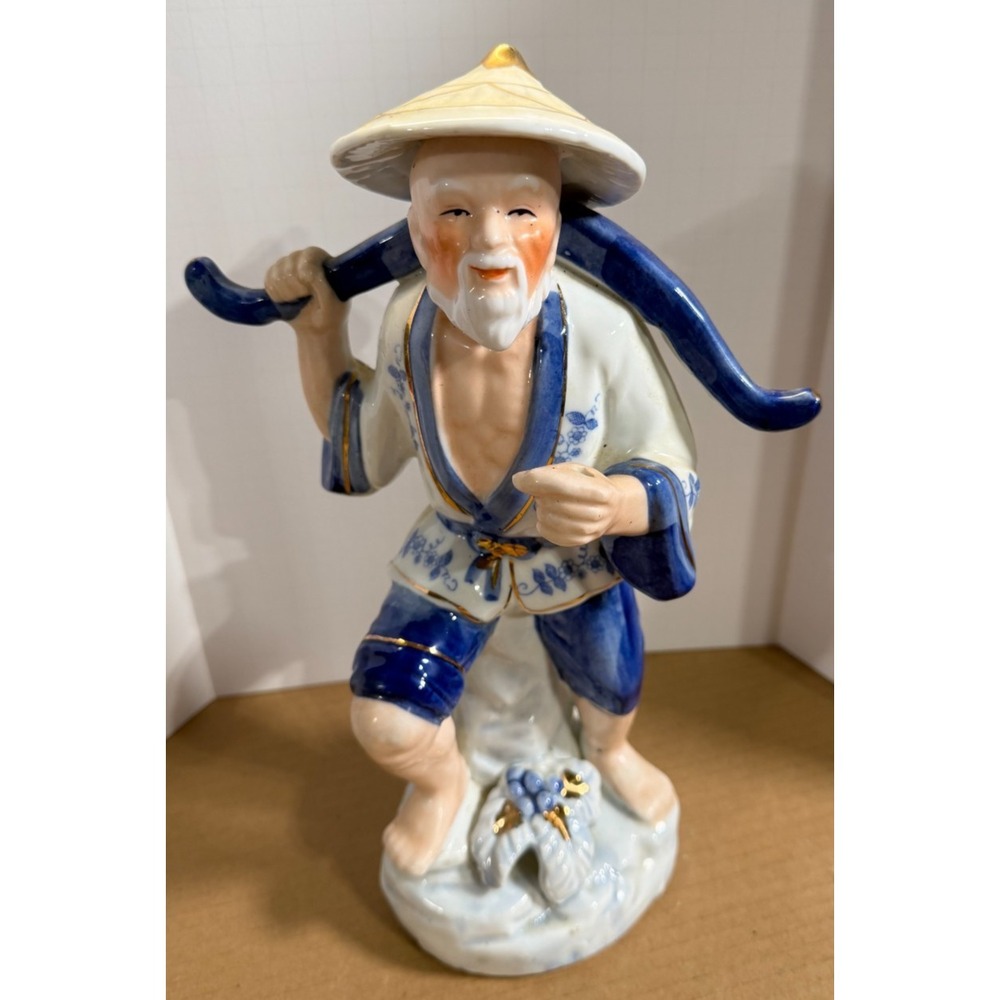 Vintage Large Porcelain Chinese Fishermen missing buckets and pole